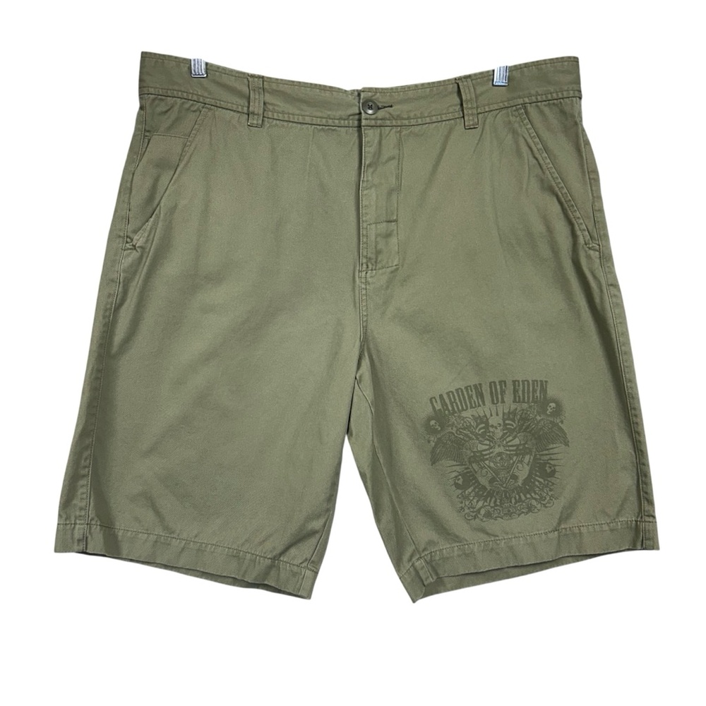 NoBo Y2K Garden of Eden Skull Graphic Print Men’s Shorts Sz 42 Uniform Green